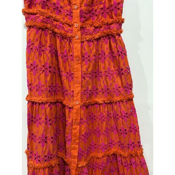 J Crew Sundress Sz 6 Tiered Eyelet Button Front   Orange Purple Spaghetti Straps - Picture 4 of 16